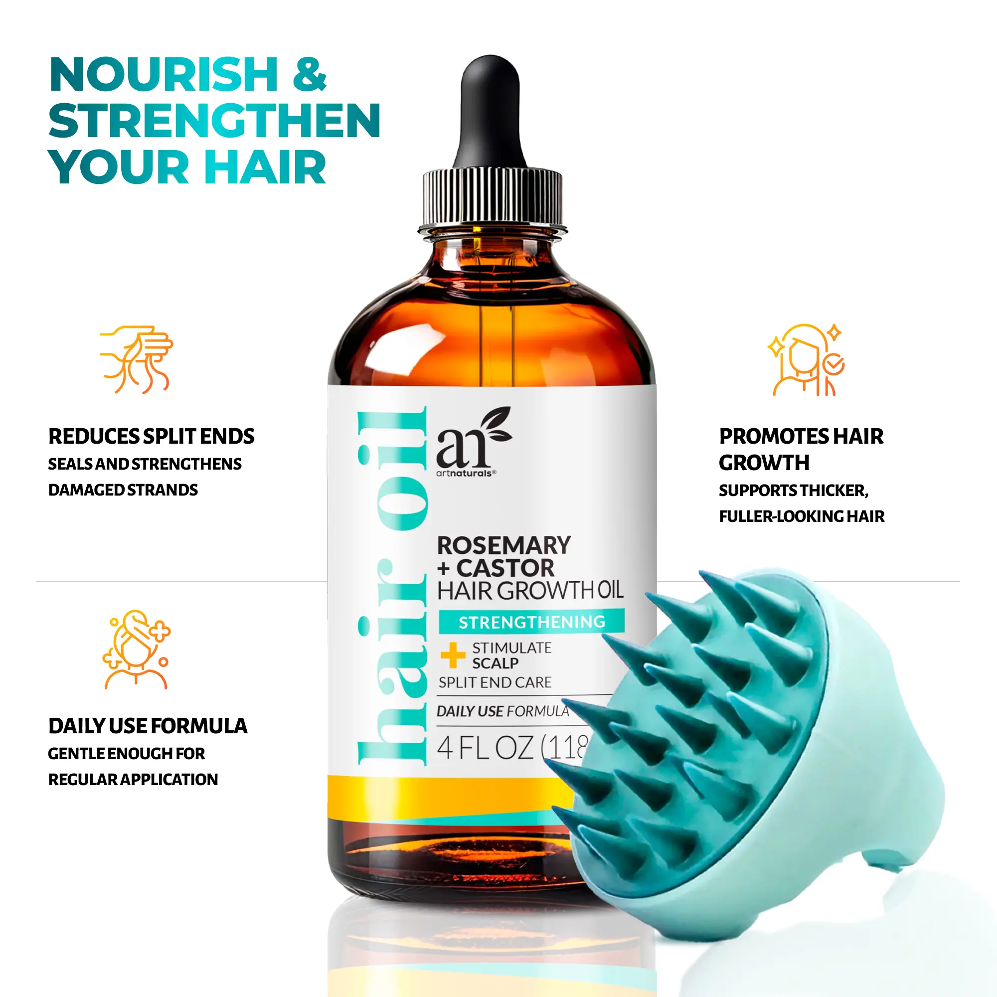 Artnaturals Organic Rosemary Castor Oil Hair Growth Kit with Comfort Scalp Brush - Choose from Keratin Blend, Biotin Vitamin Formula, or Original Natural Blend - Strengthen, Nourish & Revitalize Hair Haircare Solution Thickening Boost