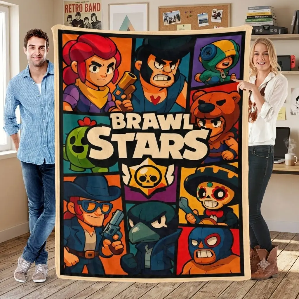Brawl Stars Classic Characters Grid Collage Flannel Throw Blanket—featuring a character poster print and color-block border design; suitable for decorating sofas, kids' rooms, and dorms, and makes an ideal gift for fans (boys and girls) of the game.