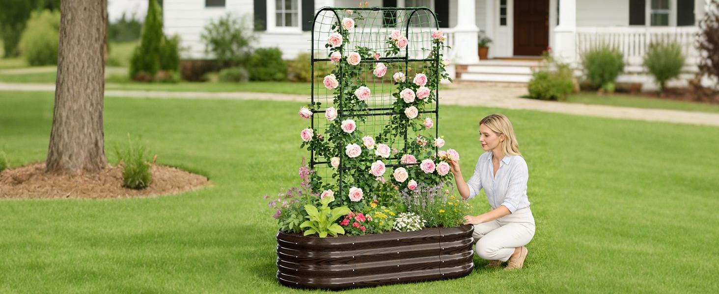 Lilypelle 2-in-1 Galvanized Raised Garden Bed with 71" Arch Trellis for Climbing Plants – Outdoor Planter Box for Flowers, Vegetables, Fruits, Herbs