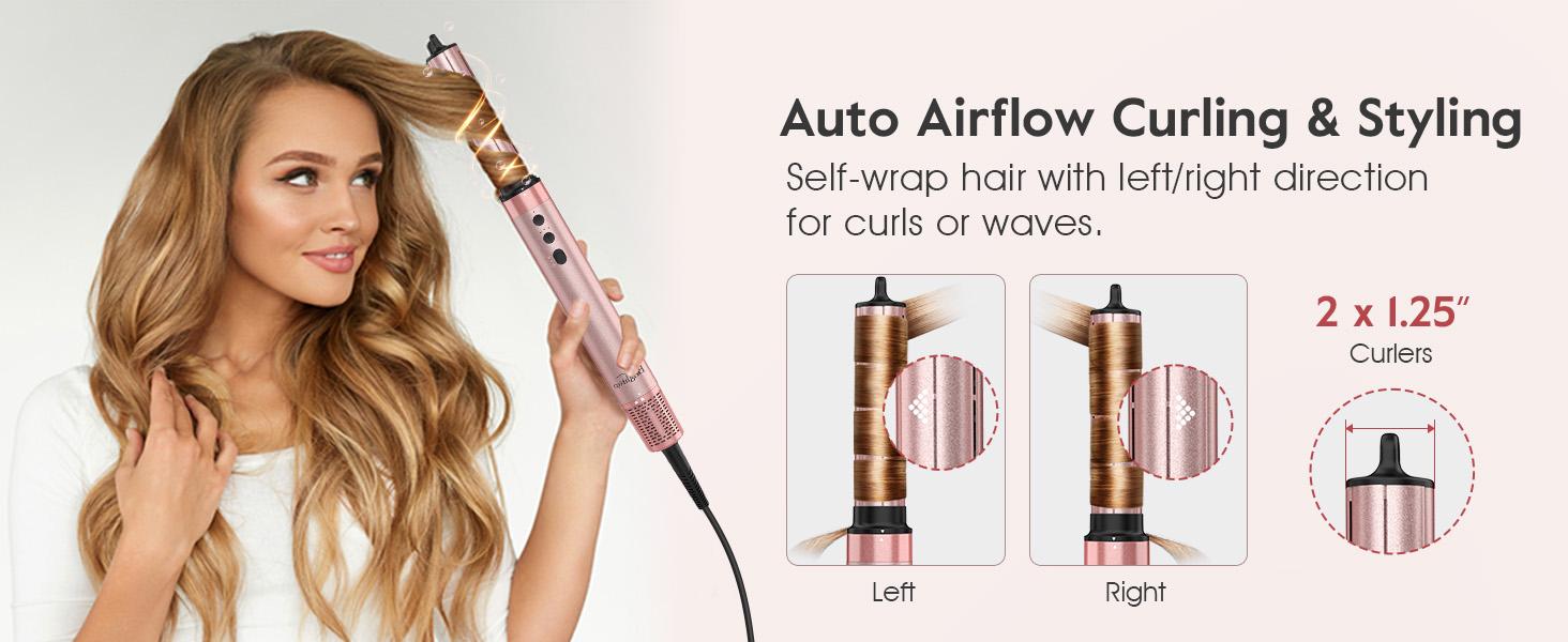 Brightup 5 in 1 Air Styler Automatic Hair Curling Iron with Detachable Brush Head, Blow-Dry,Straightening Wrap  Negative Ions Ergonomic Rose Gold(Advanced Custom)  Holiday Gift