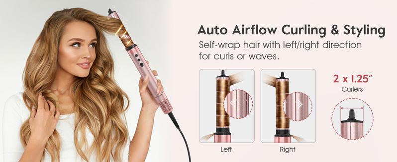 Brightup 5 in 1 Air Styler Automatic Hair Curling Iron with Detachable Brush Head, Blow-Dry,Straightening Wrap  Negative Ions Ergonomic Rose Gold(Advanced Custom) Christmas Gifts Holiday Gift