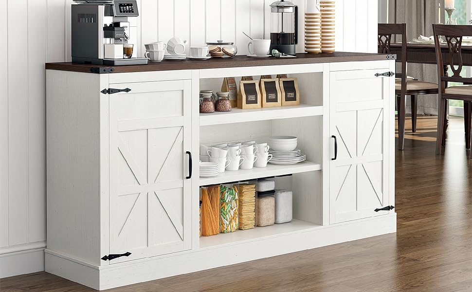 66" Farmhouse TV Stand with Power Outlets for 75 65 Inch TVs, 33" Tall Entertainment Center with Storage Cabinets with Adjustable Shelves, Rustic Large TV Media Console for Living Room