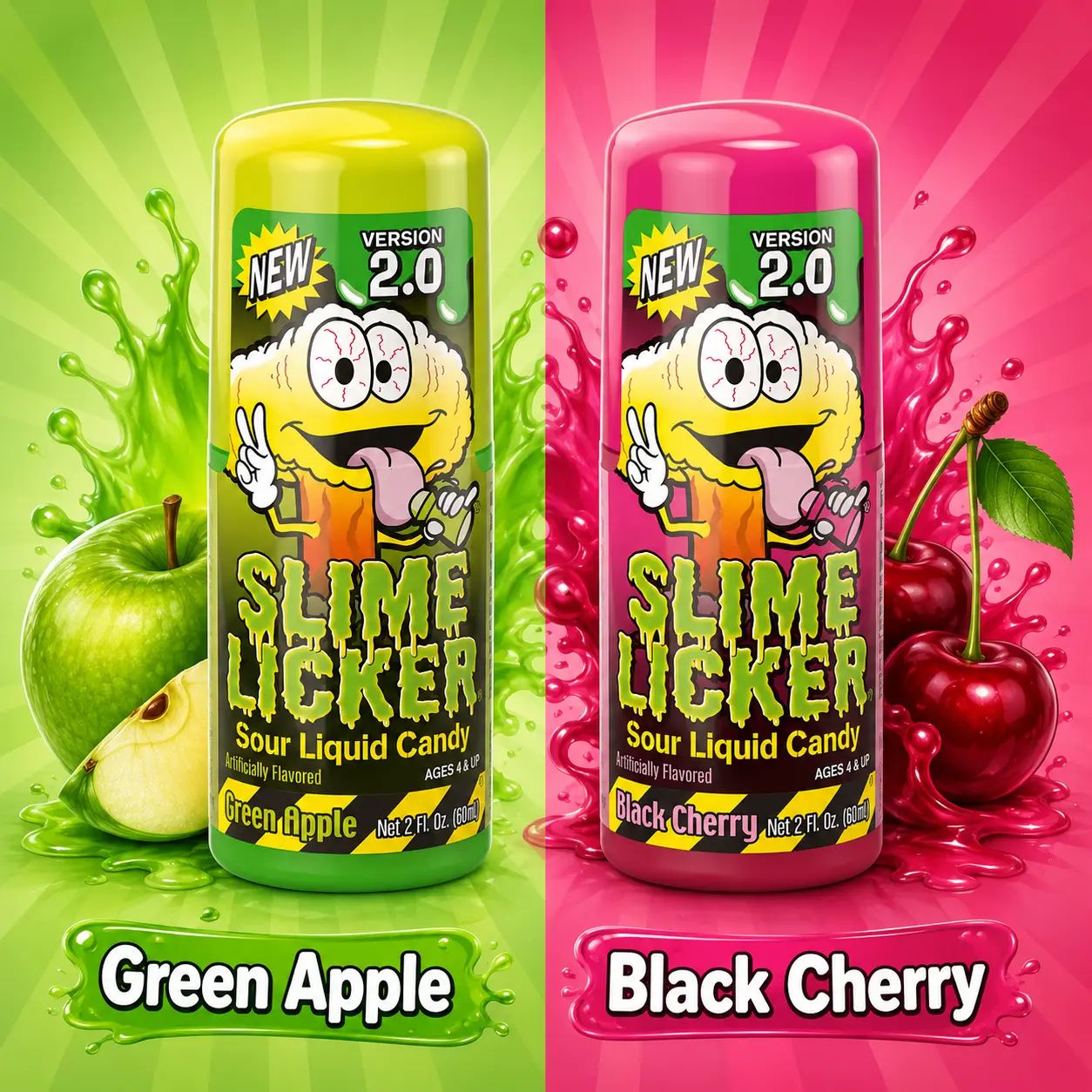 Slime Licker Candy Combo - Sour Liquid candy Green Apple and Black Cherry Flavors roller