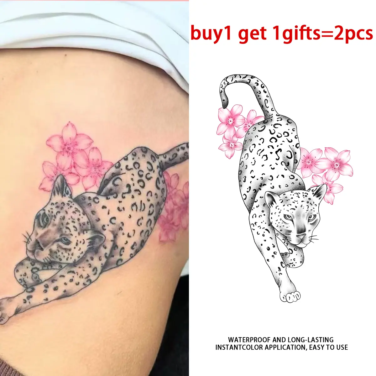 Women's Black White Leopard & Pink Cherry Blossom Temporary Fake Tattoos - 2 Sheets Basic, Easy-Apply, Realistic-Look Semi-Permanent Waterproof Body Art Decals for All Skin Types, Party, Beach Use