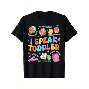 I Speak Toddler Teacher Pre-K Back to School Happy First Day T-Shirt - Colorful Educational Print with Icons, Loose Fit Casual Round Neck Tee for Teachers, Staff & Parents, Teacher Apparel |   Playful Design |   Comfortable Fit, Teacher Shirts