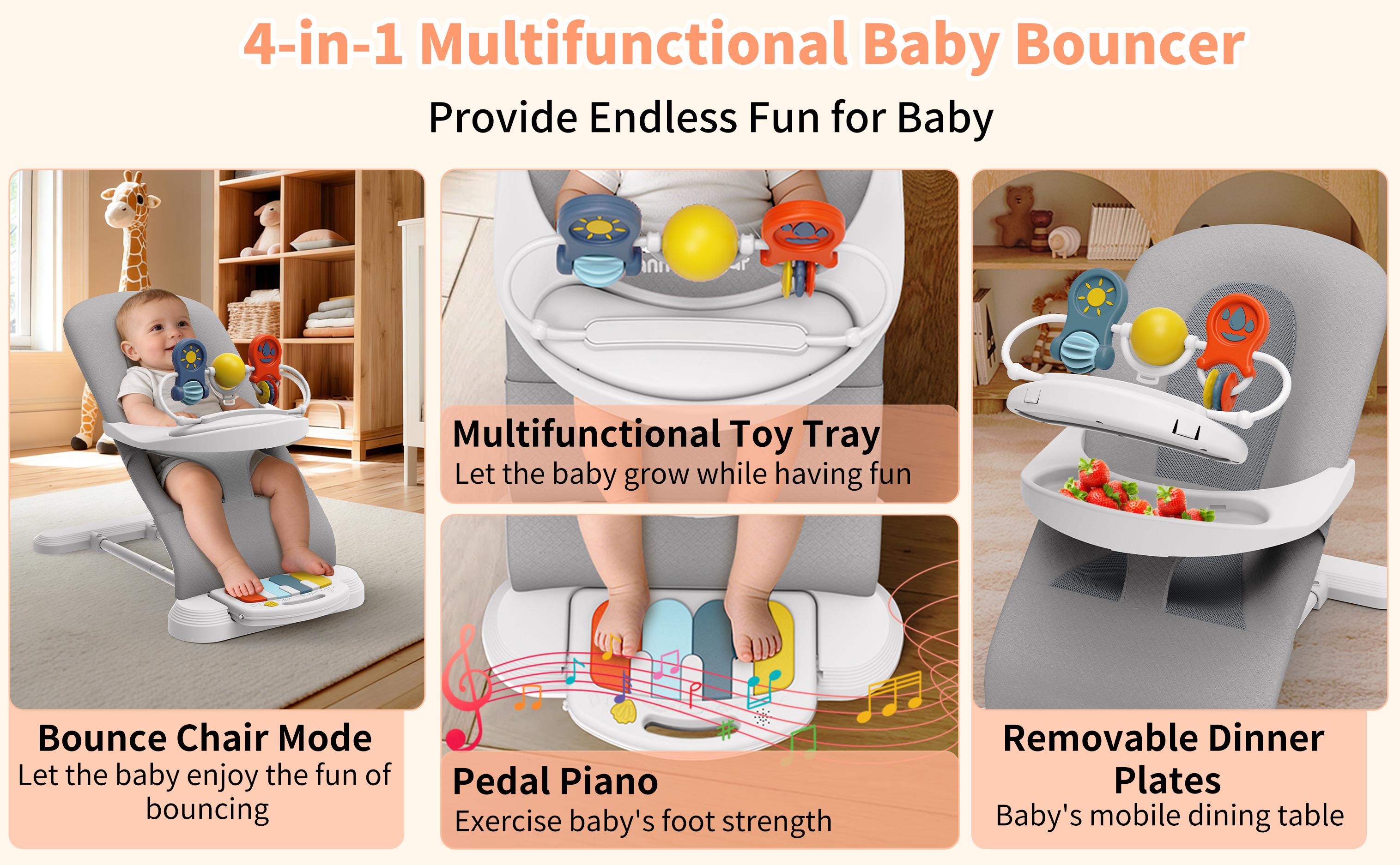 3-in-1 Baby Bouncer and Rocker with Music Piano, Infant Swing with Toys Play Bar, Baby Bouncer Chair with Detachable Tray,Baby Chair with 3-level height adjustment and 3-point Adjustable Seatbelt,Honeycomb-textured Material, Comfortable and Breathable