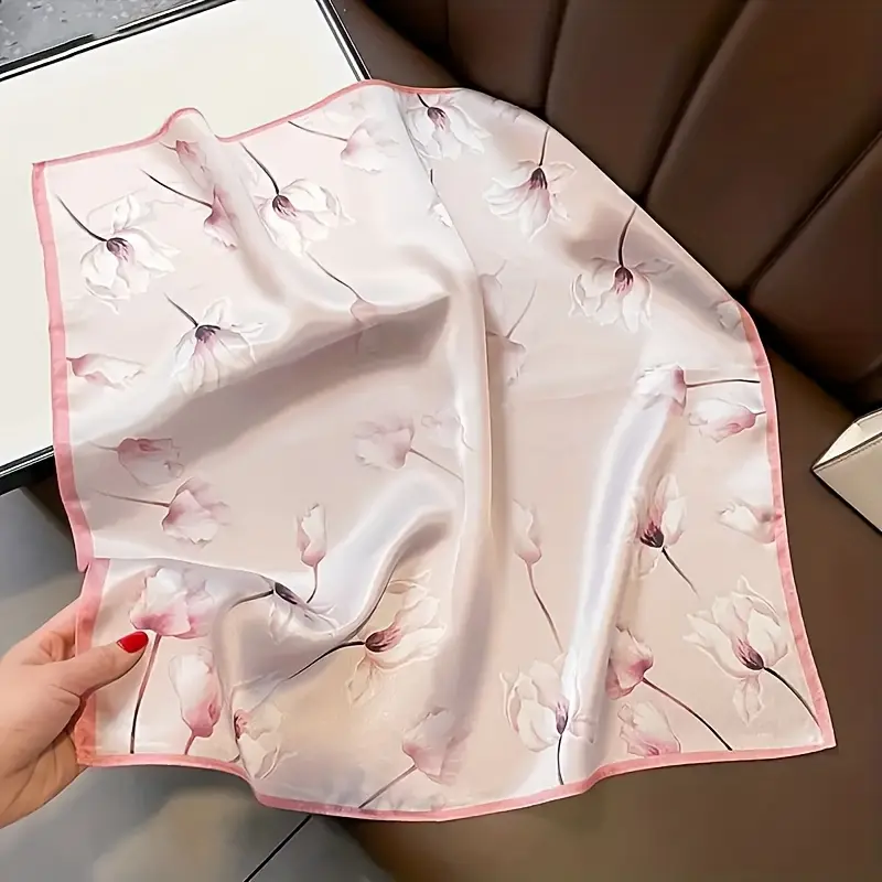 Women's Pink Floral Square Polyester Scarf - Year-Round Smooth Wear Fashion Accessory, Decorates Bags & Hair Bands, Casual Artistic Clothes Accessory for Scarves & Shawls, Flowers, Glamorous
