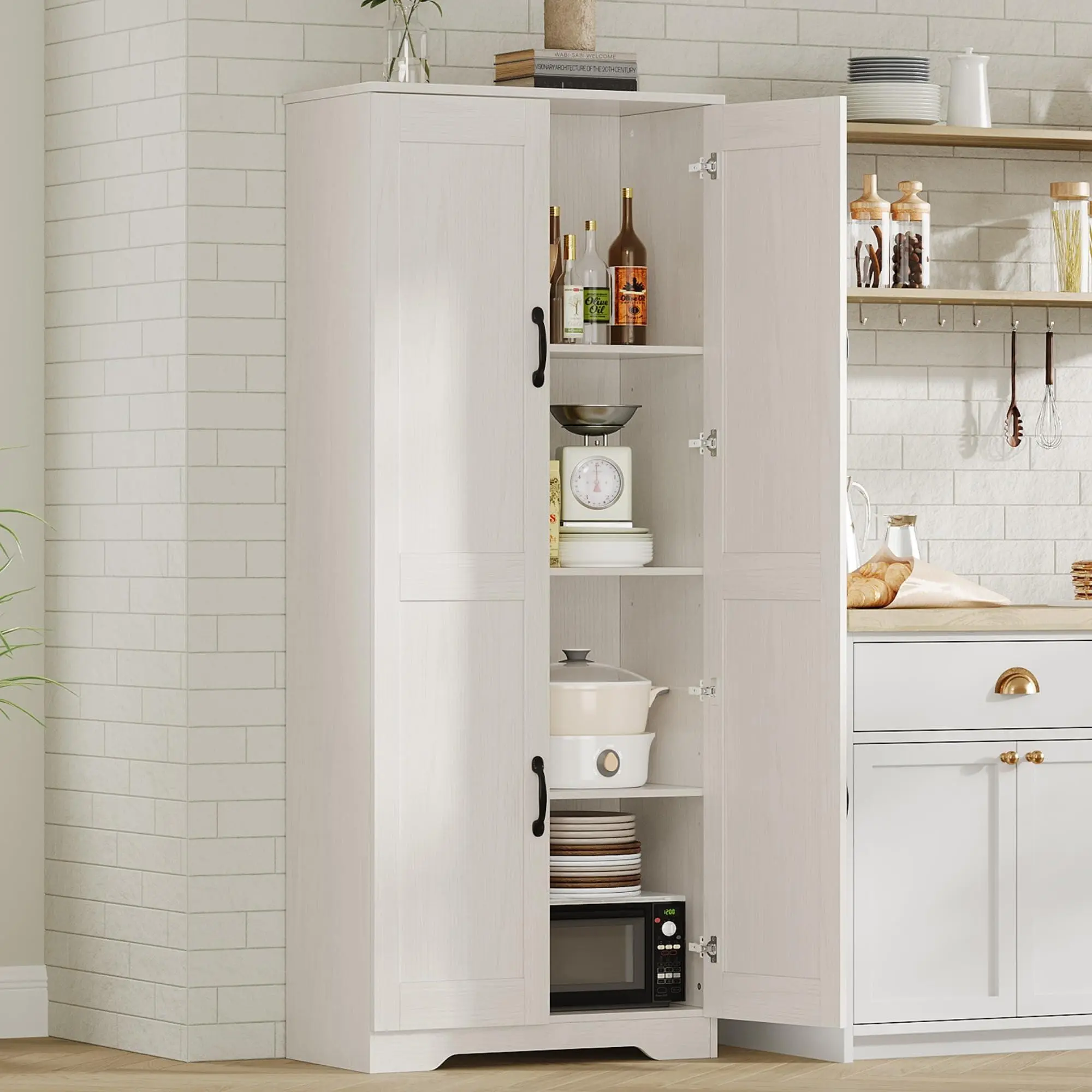 Gaomon 60" Tall Freestanding Antique White Engineered Wood Pantry Cabinet - Kitchen Cupboard with 2 Doors, Adjustable Shelves, Oversized Handles, Detailed Instructions, Wall Anchor Kit for Kitchen, Dining Room