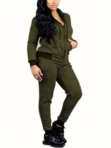 Plus Size 2 Piece Hooded Zip-Up Tracksuit with Contrast Cuffs and Joggers for Women Casual Curvy-Friendly Set - Womenswear