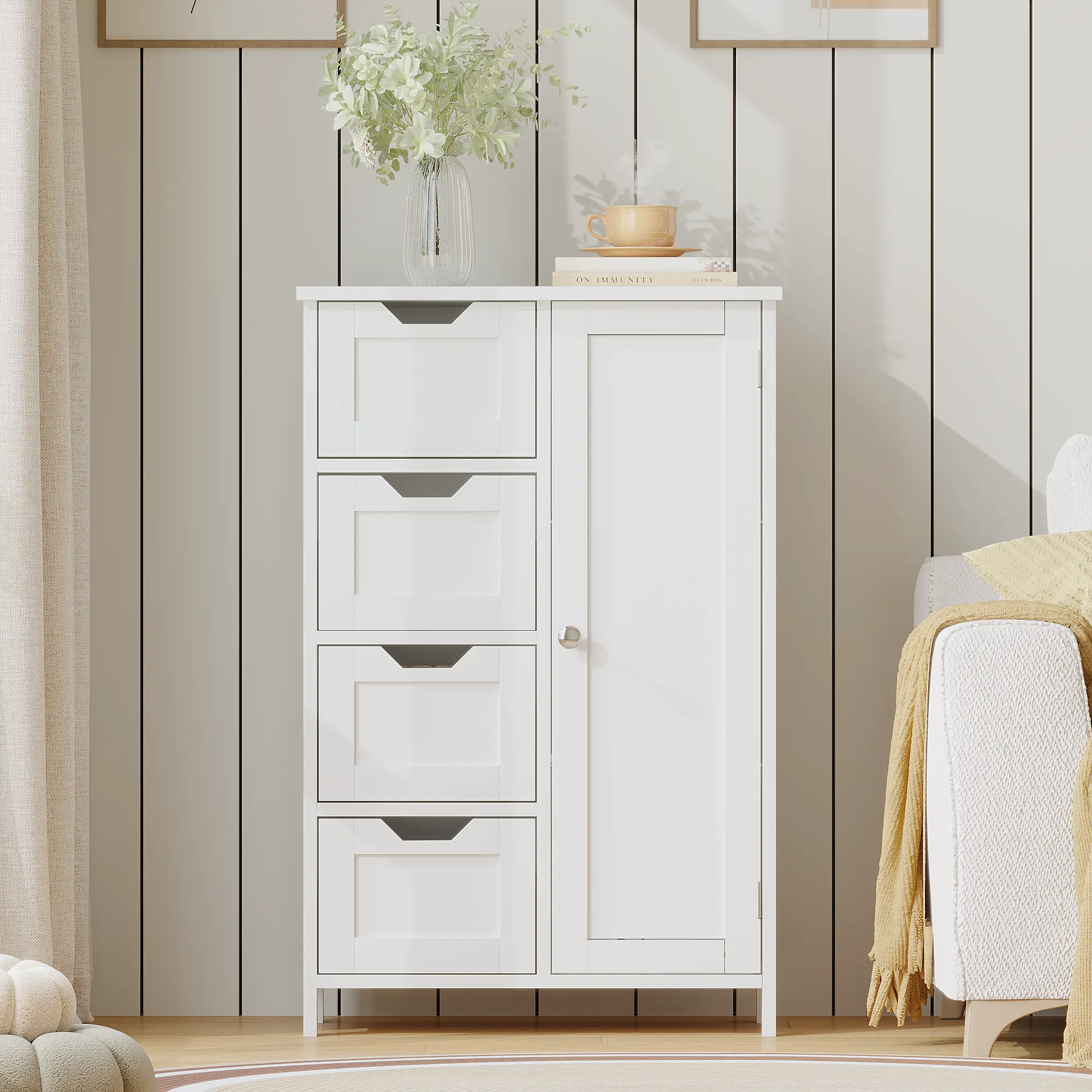 Farmhouse Storage Cabinet - White Modern Farmhouse Sturdy MDF Wood Freestanding Bathroom Cabinet, 4 Drawers, 1 Door, Narrow Small Space Organizer for Entryway, Living Room