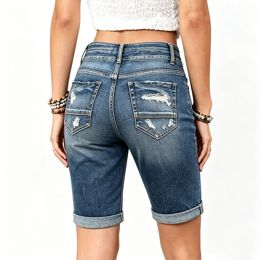 Women's Long Shorts, Women High Waist Distressed Denim Bermuda Shorts Rolled Cuff Knee Length Destroyed Back Pocket Stretch Jean Shorts Vintage Washed Casual Mid Length Denim Pants