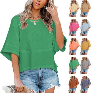 LAICIGO Women's 2026 New Fashion Summer Simple Casual Crewneck Batwing Half Sleeve Solid Color T-Shirts Basic Cozy Tee Tops