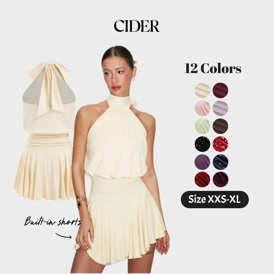 Cider Stand Collar Sleeveless A-Line Built-in Shorts Mini Dress with Scarf SohoChic