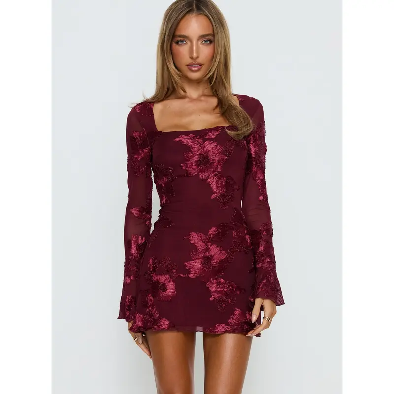 knee length dresses for ladies Bilbao Long Sleeve Mini Dress Burgundy
