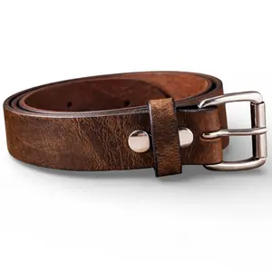 Men’s Leather Belt Brown Buffalo Handmade USA Full Grain Buffalo Leather Quality Roller Buckle Secured with Snaps Made To Fit You
