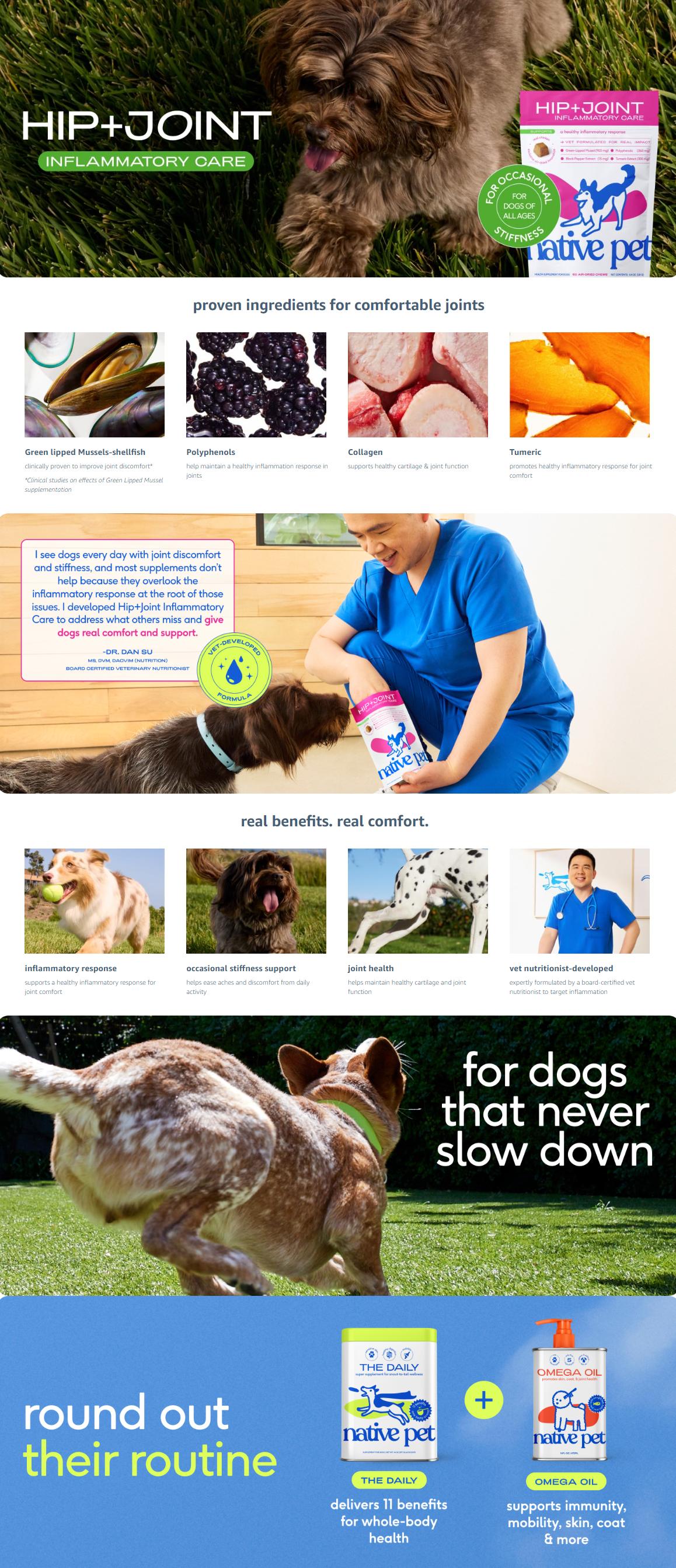 Native Pet Pain Relief for Dogs - Collagen for Dogs Promotes Joint Health, Reduce Inflammation & Stiffness - Senior Pup Joint Supplement - Natural Pain Reliever for Active & Aging Pets