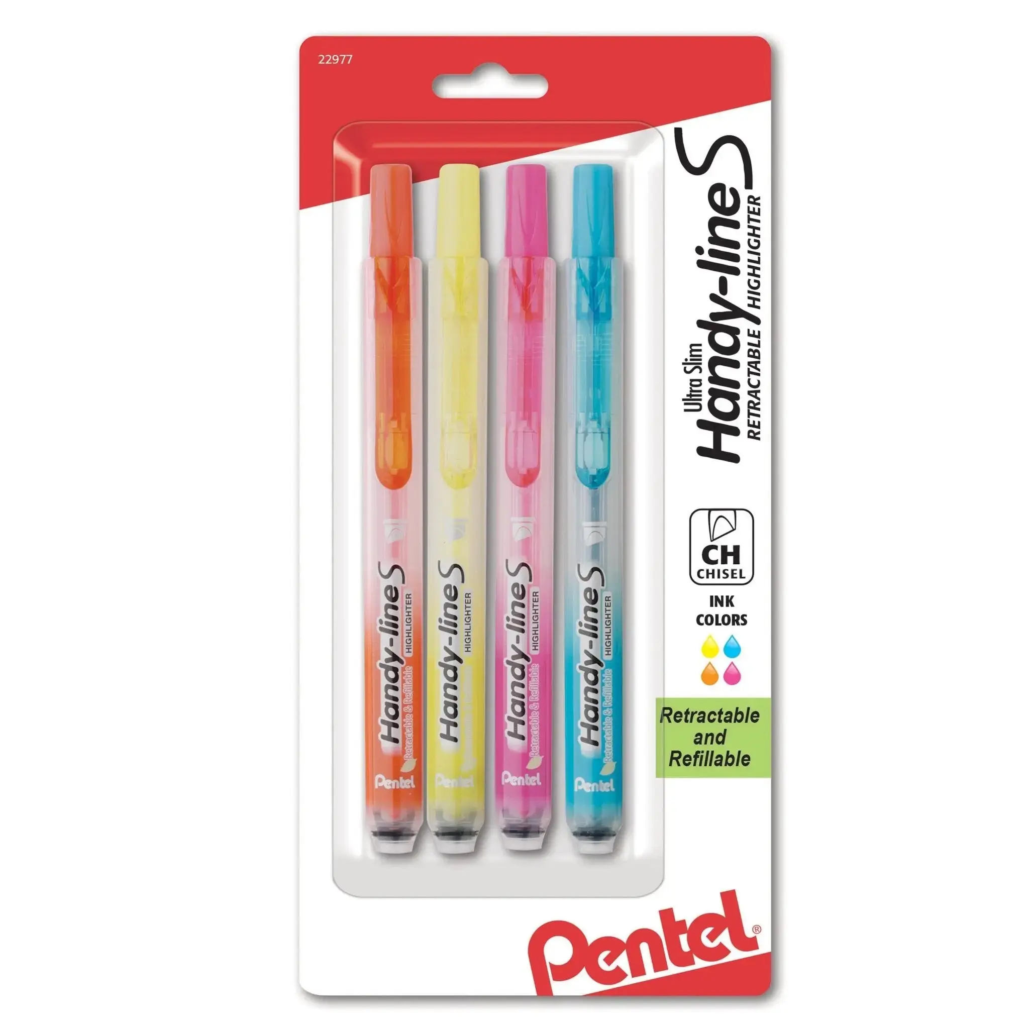 Pentel Handy-Line S Retractable Highlighters, Chisel Tip, 4-Pk