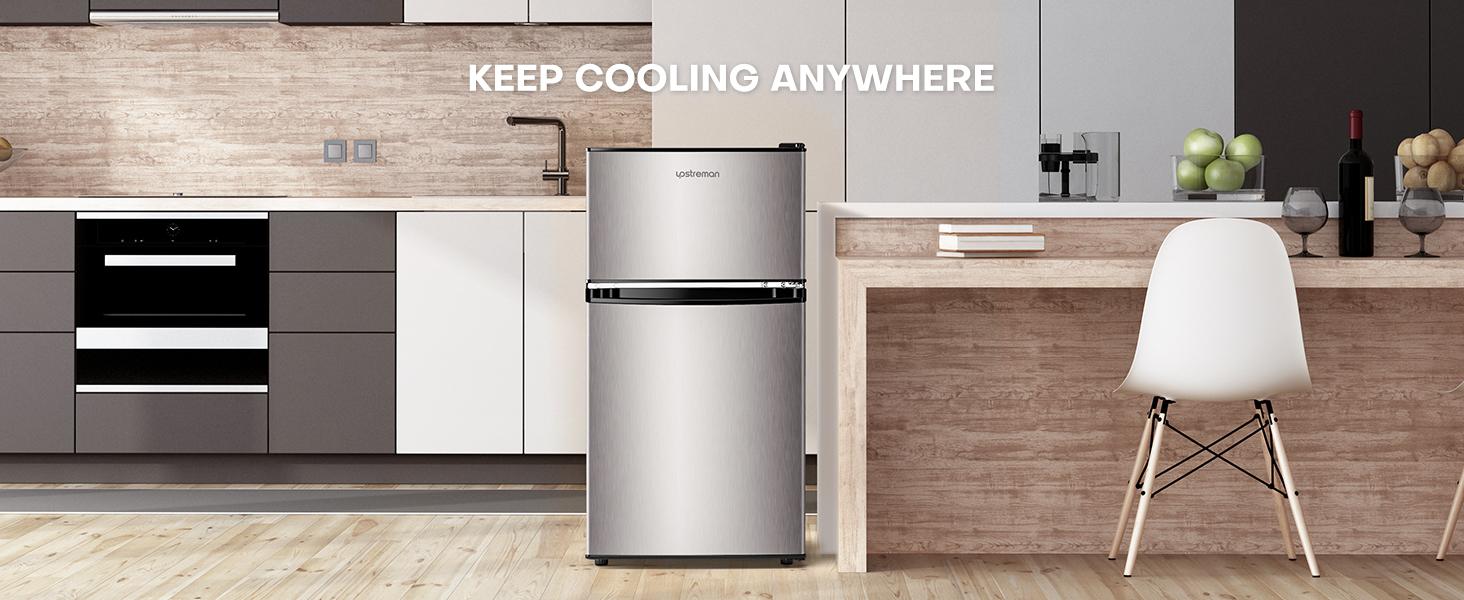 Upstreman mini fridges 3.2 Cu.Ft with Freezer Double Door Adjustable Thermostat Stainless-SD321/BD321 Quiet Efficient LED Light Removable Shelves Crisper Drawer for Dorm Office Bedroom