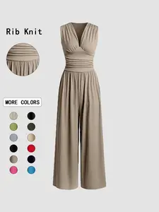 Women's Plain Ruched Deep V Neck Sleeveless Wide Leg Jumpsuit All Seasons Daily Wear Casual Ladies Clothes