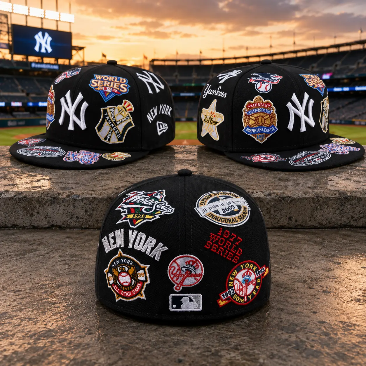 New York Yankees Black All Over Patch 59FIFTY Fitted Hat – New Era Flat Brim Baseball Cap, World Series Collector Edition
