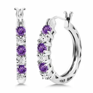 Gem Stone King 925 Sterling Silver Purple Amethyst and White Lab Grown Diamond Accent Women's Hoop Earrings (0.61 Cttw, Gemstone Birthstone, 22MM = 0.85 Inches Diameter)