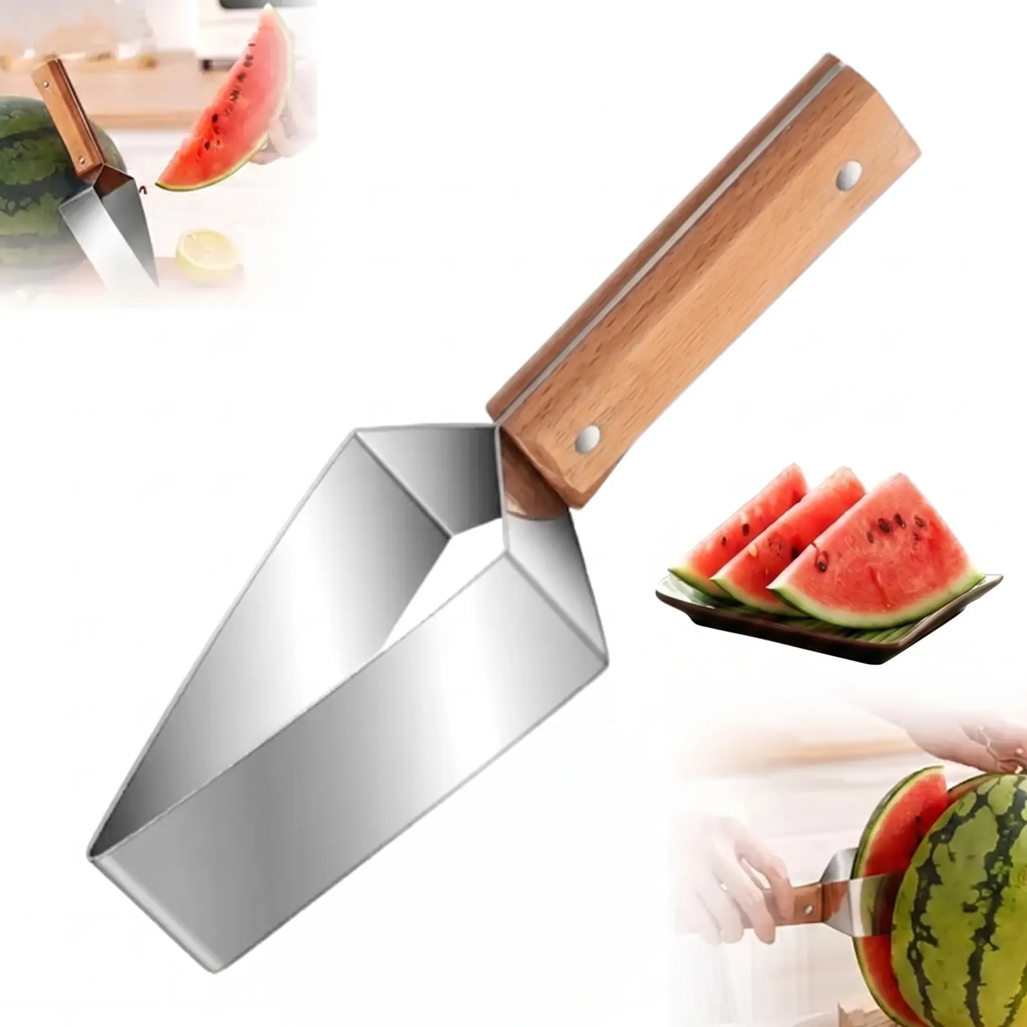 Heavy-Duty Triangular Steel & Wood Watermelon Slicer - Rust-Proof Stainless Steel Blade, Wooden Handle, Fruit Tool for Cantaloupe, Honeydew, Safe & Quick Cleanup, Single Wedge Kitchen Utensil, 2026 Summer Melon Scoop, Backyard Bbqs, With Handle