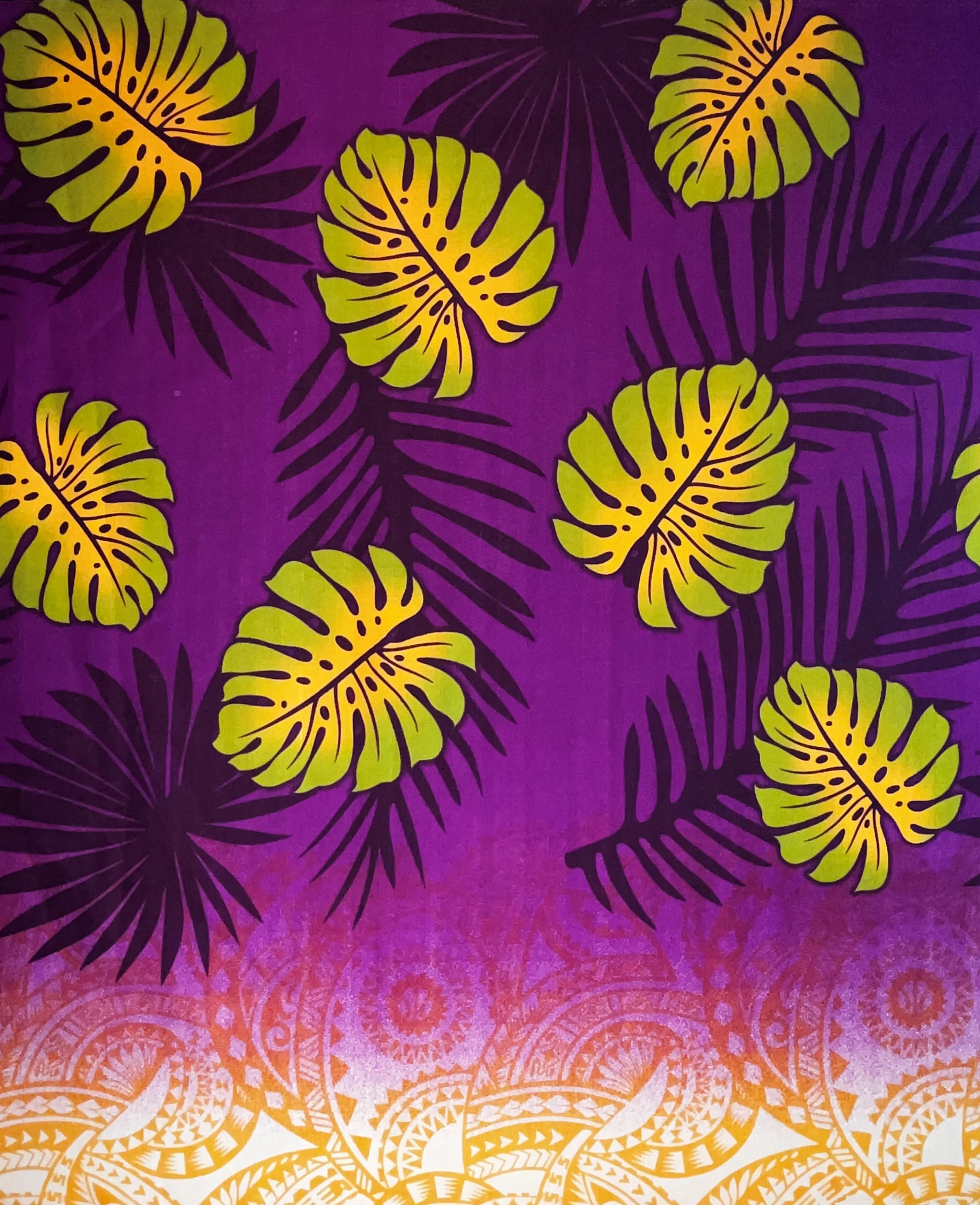 Monstera Palm Leaves Traditional Tattoo Border Light Barkcloth Fabric - Islands-Inspired Textile for Sewing, Soft Furnishings, Home Textile Projects, Cotton Clothes, Plants