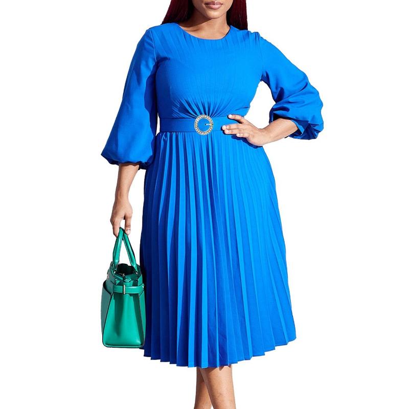 Women’s Pleated Midi Dress with 3/4 Puff Sleeves, Round Neck and Ring-Buckle Belted Waist, A-Line Silhouette with Back Keyhole — Elegant Choice for Work, Church & Wedding Guests