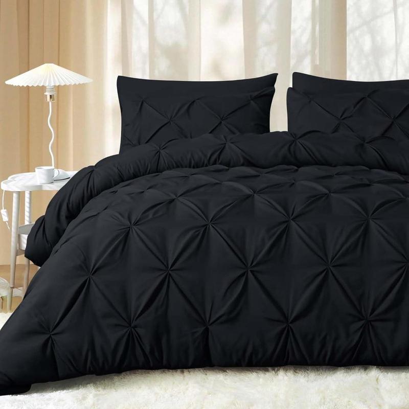 Queen Comforter Set of 7 Pieces-Bed in a Bag for Queen Size, All Season, Pintuck Bedding with Comforter, Flat Sheet, Fitted Sheet, Pillowcases and Shams, Black