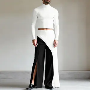 INCERUN Menswear Turtleneck Knitwear, Men's Spring-Summer Tight-Fitting High Neck Ribbed Knit Asymmetric Pleated Drape Gender Fluid Coquette Androgynous Crop Top or Set, Fashion Apparel