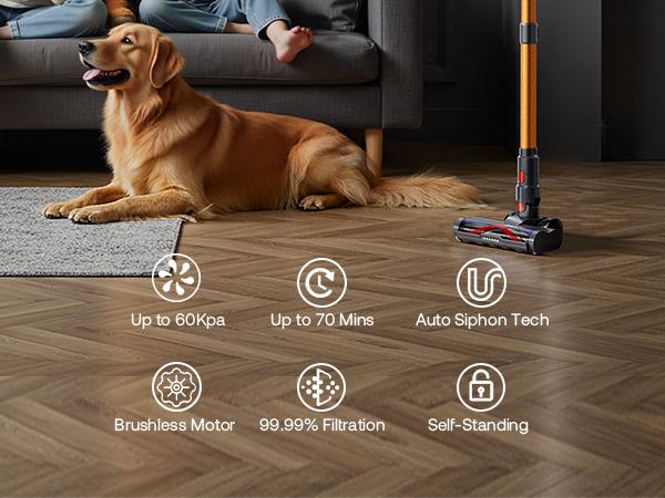 【2026 New Arrivals】TrucozieTrucozie T553 Cordless Vacuum Cleaner for Home, Upgraded 60Kpa Powerful Suction Pet Hair Vacuum with 70min Runtime, Green LED Light for Hardwood Floors & Carpet, Self-Standing Rechargeable Stick Vacuum