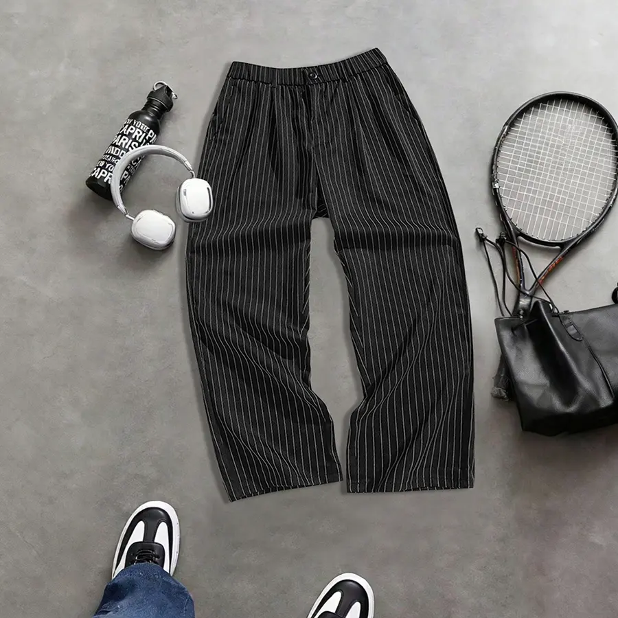 Men’s striped straight leg casual trousers for spring and autumn; loose, versatile long dress pants suitable for business wear