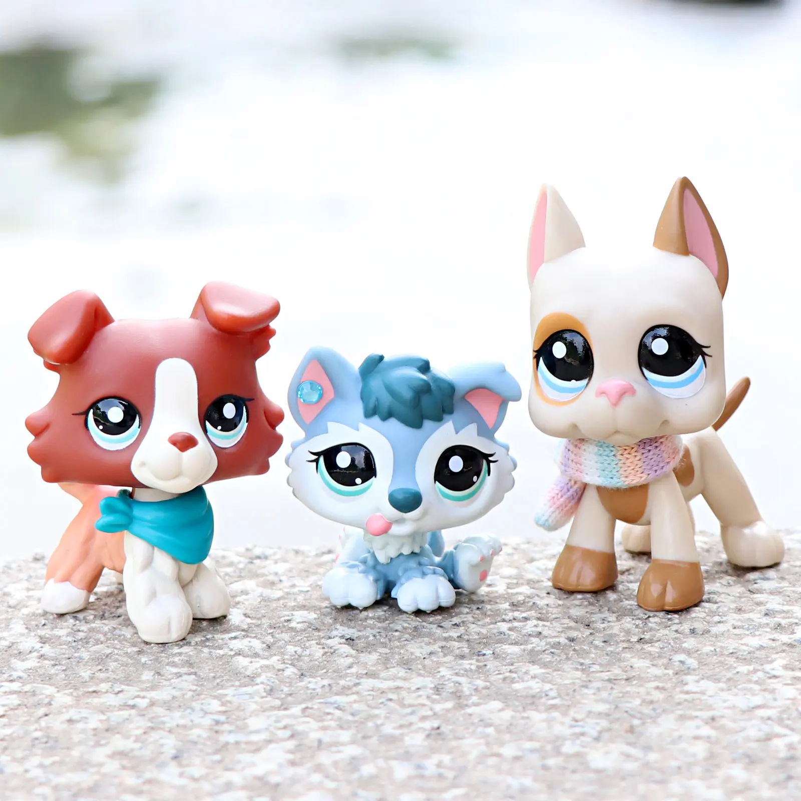 3 Pcs Accessory Wearing Big Eyed Puppy Figurines Collie Husky Short-Hair Dog Mini Animal Collectible Toys Kids Birthday Gift Set