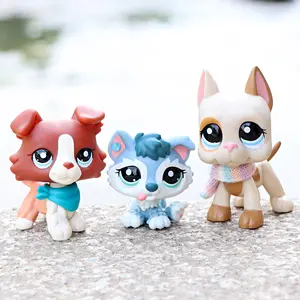 3 Pcs Accessory Wearing Big Eyed Puppy Figurines Collie Husky Short-Hair Dog Mini Animal Collectible Toys Kids Birthday Gift Set