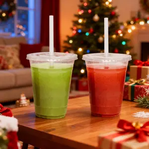 50 sets of disposable clear plastic cups with flat lids and straws, PET plastic cups, reusable, single-use drinking cups, suitable for  cream, iced coffee, tea, Christmas events, Halloween events, Thanksgiving, camping, and parties ice latte