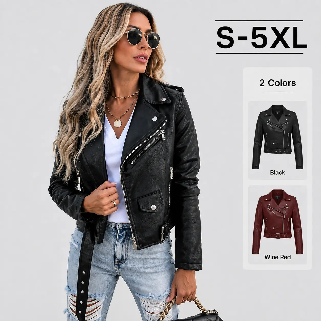 Women's Classic Lapel Casual Fitted Biker Leather Jacket - Adjustable Soft Waist Belt, Diagonal Zipper Slim Cropped Moto PU Outerwear, Streetwear Tops, S-5XL, 2 Colors