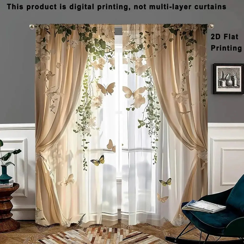 2 pieces of vine and butterfly pattern curtains, Home Decorative Curtain, Home Decoration Curtain, semi-transparent privacy protection, fade-resistant, hand/machine washable, suitable for bedroom and living room, Semi Sheer Curtain