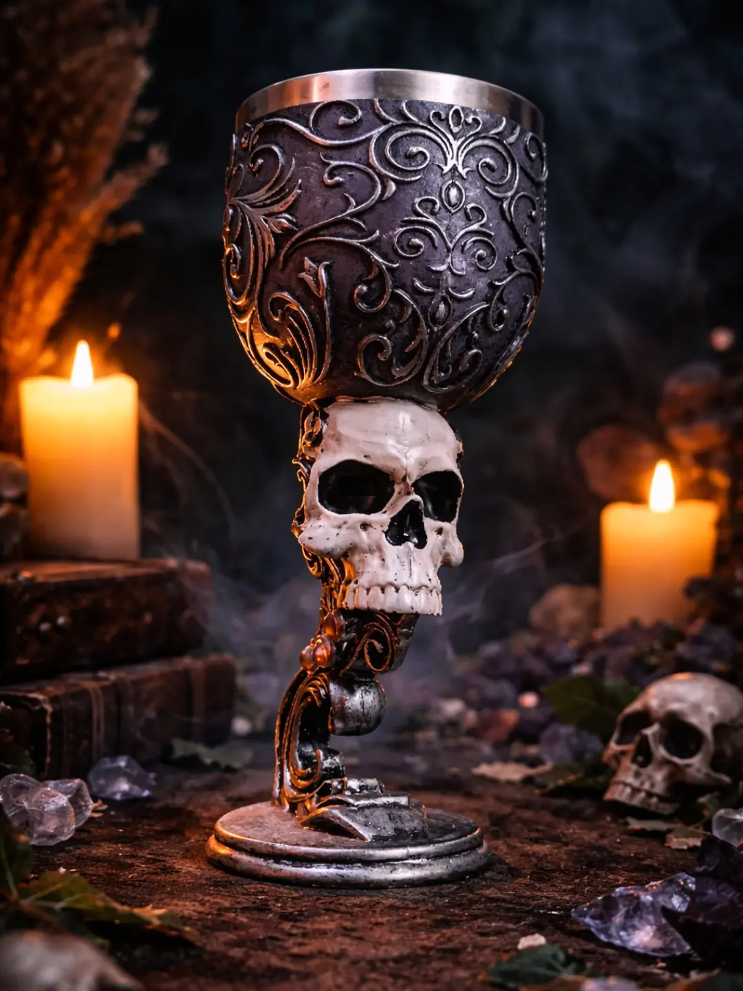 The Armored Kingdom Final Toast of Valor Skull Goblet - 7oz Medieval Gothic Resin & Stainless Steel Stemless Wine Glass, Vintage Embossed Goblet with Armor Detail, Scroll & Crown Keychain Drinkware, Vintage Embossed Goblets Tumblers