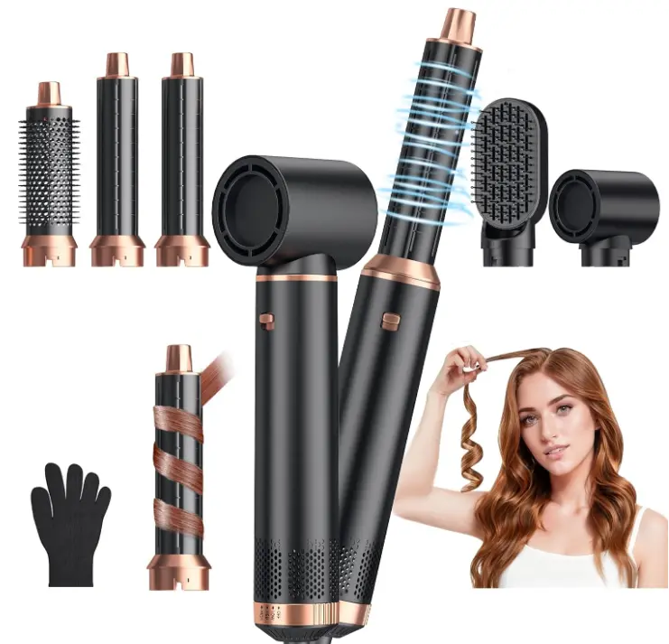 5-in-1 Bathroom Hair Styling Accessory Set - Detachable Multifunctional Air Wrap Heated Curler, Straightener Curler, Volumizing Straightening Brush, Negative Ion Home Travel Tool Kit for All Hair Types, Hair Straightener Curler