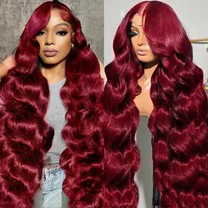 【30"=$109】Redice 99j Burgundy 13X6 HD Lace Front Wigs Human Hair 200% Density Body Wave Wig Lace Frontal Wig Pre Plucked Glueless Colored Lace Front Wigs Human Hair for Women