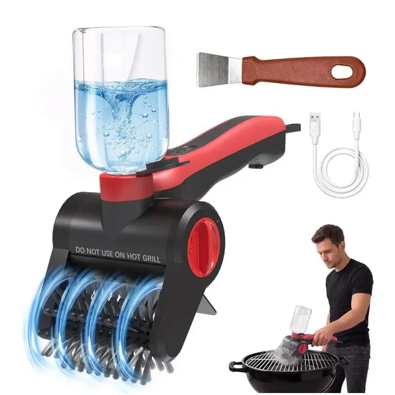 Electric Grill Brush with Water Spray System Cordless BBQ Cleaner Rechargeable Power Scrubber for Gas Charcoal Pellet Grills IPX8 Waterproof with Scraper Case