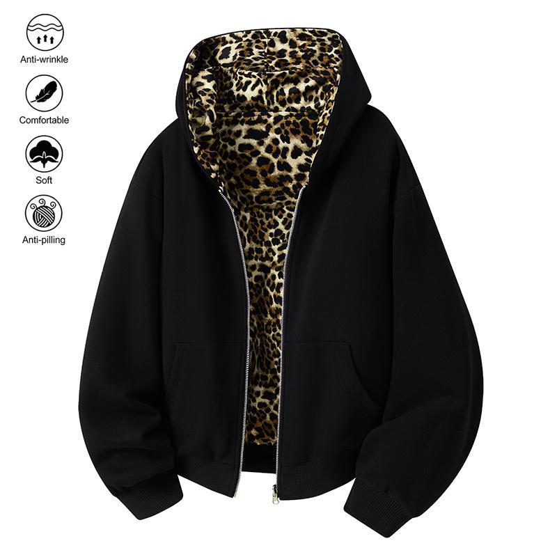 Men's loose casual trendy leopard print hoodie - comfortable breathable street style jacket; features ribbed cuffs and a zippered front closure, making it perfect for everyday commutes, weekend outings, and various other occasions. One of the essential ve Men's loose casual trendy leopard print hoodie - comfortable breathable street style jacket; features ribbed cuffs and a zippered front closure, making it perfect for everyday commutes, weekend outings, and various other occasions. One of the essential ve