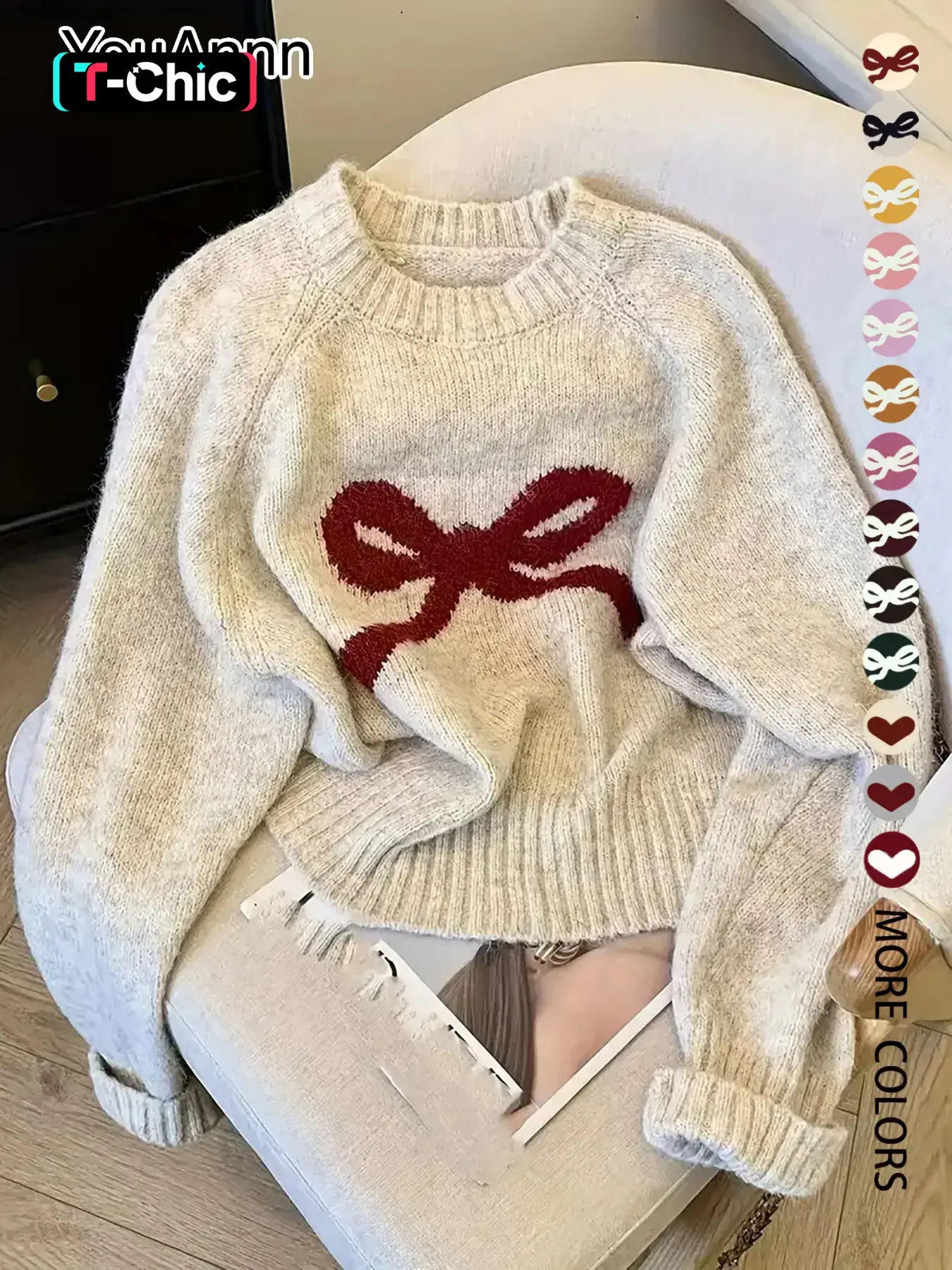 Women's Butterfly Knot Round Neck Long Sleeve Sweater, Fall & Winter Thick Knit Top, Sweet Casual Style Loose Fit Oversize, Elegant Cardigan for Valentine's Day, Womenswear, Knitwear