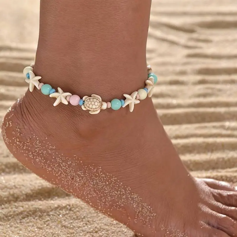 1pcs Boho Turtle Starfish Beads Bracelet Bohemian Handmade Turquoise Weave Adjustable Bracelet Summer Beach Jewelry for Women Beach Wear, Adjustable Starfish Ankle Bracelet