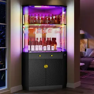 FREDEES  71" Tall Corner Bar Cabinet with App Control & Motion Sensor LED, Modern Liquor Display Cabinet with Mirror Back & Glass Doors, Corner Wine Rack Tower with Textured Storage