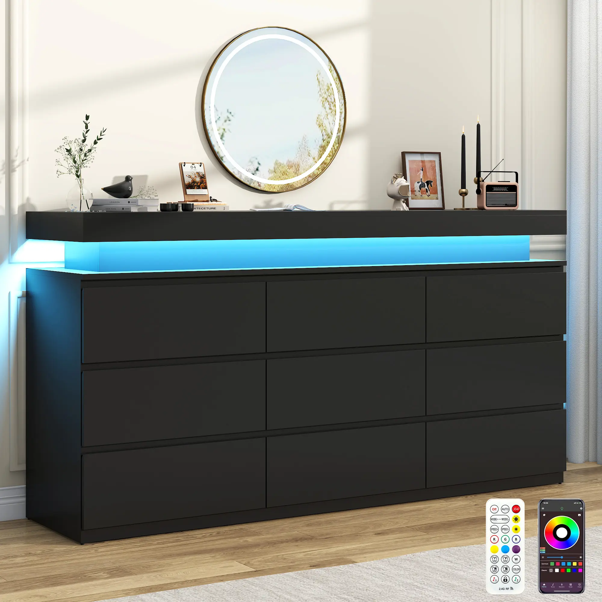 LED Dresser with Multiple Drawers, Modern Storage Chest, Wide Organizer Cabinet for Bedroom, Living Room & Entryway, Chest Of Drawers, Drawers And Cabinets,dorm essentials,home decor