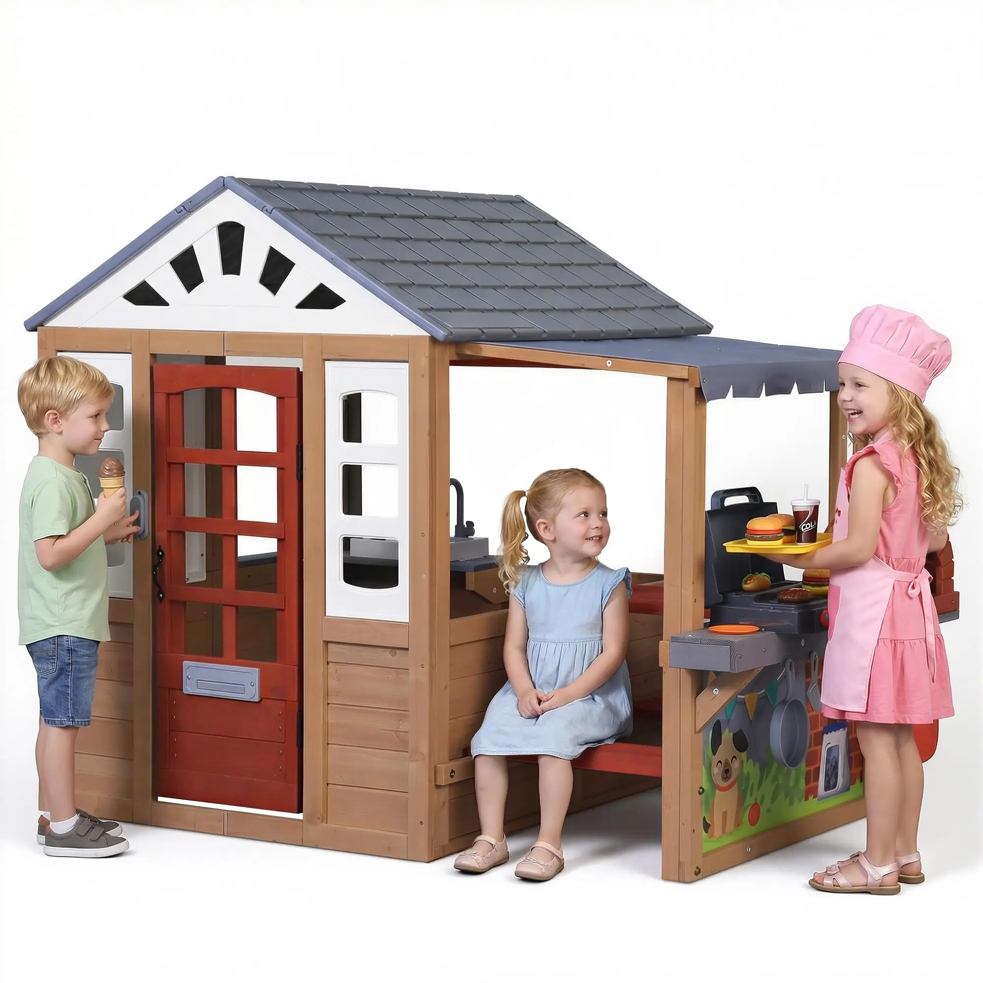 Sunnyfree Kids Outdoor Playhouse with Play Kitchen, Cedar Wooden Playhouse for Kids Ages 3-8 with BBQ Grill, Kitchen Set, Doodle Whiteboard, Picnic Table, Mail Receiver &Working Doorbell, Cottage Play House-Brown