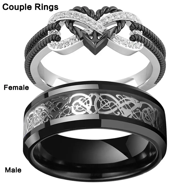 Matching Heart Couple Promise Ring Set in Durable Stainless Steel, Cubic Zirconia Engagement Ring, Valentine's Gift for Him and Her, Rings