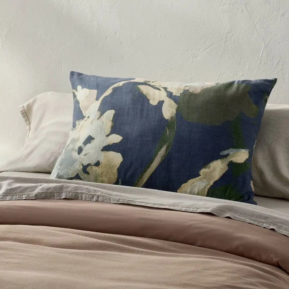 King Euro Heavyweight Linen Blend Throw Decorative Pillow Navy Floral Print- Casaluna