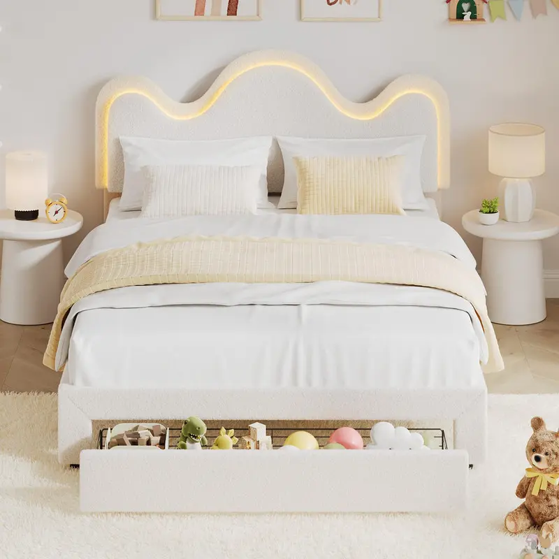 Full Bed Frame with Adjustable Headboard and Storage Drawer, Boucle Upholstered Platform Bed with LED Light for Kids, Lamb Fleece Fabric,  White